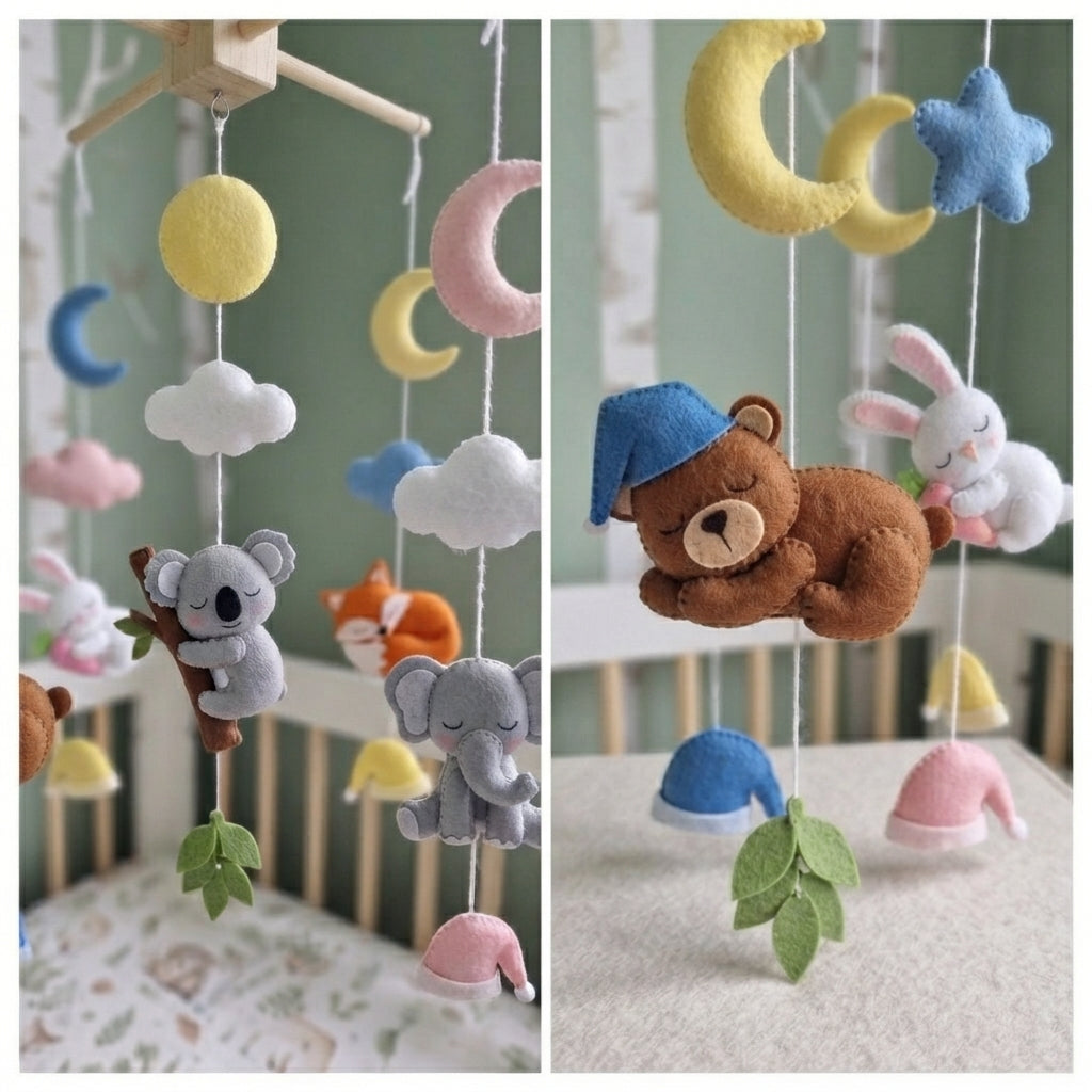 Bedtime Friends Felt Crib Mobile, Sleeping Woodland Nursery Decor with Moon and Clouds, Handmade Newborn Gift