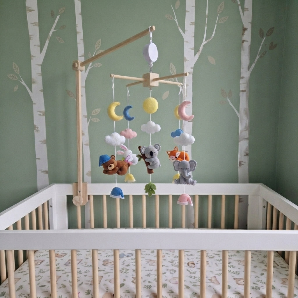 Bedtime Friends Felt Crib Mobile, Sleeping Woodland Nursery Decor with Moon and Clouds, Handmade Newborn Gift