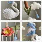 Serene Pond Felt Baby Mobile, Handmade Swan Crib Hanging with Lotus Flowers, Dragonflies and Raindrops