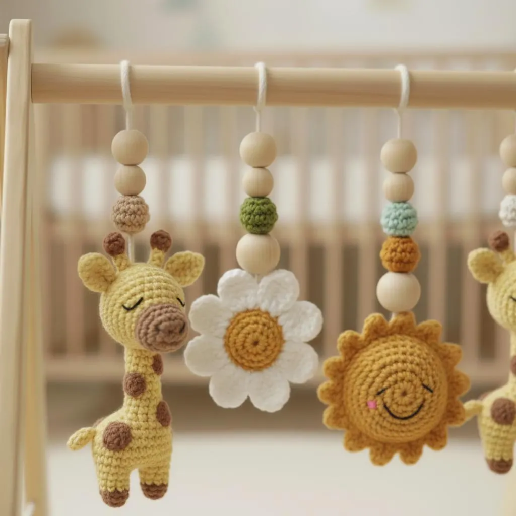 Handmade Crochet Giraffe Baby Play Gym, Custom Safari Baby Gym Hanging Toys, Montessori Wooden Baby Gym Set, Neutral Nursery Decor, Baby Shower Gift