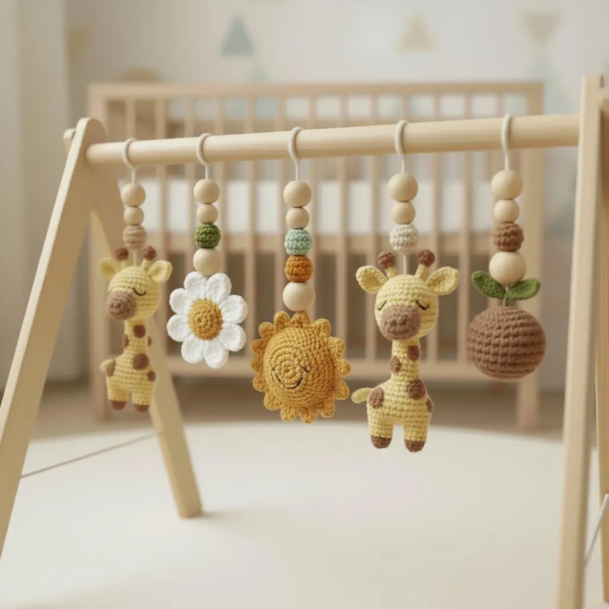 Giraffe sunshine crochet baby gym toys with daisy flower and safari nursery theme