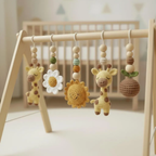 Handmade Crochet Giraffe Baby Play Gym, Custom Safari Baby Gym Hanging Toys, Montessori Wooden Baby Gym Set, Neutral Nursery Decor, Baby Shower Gift
