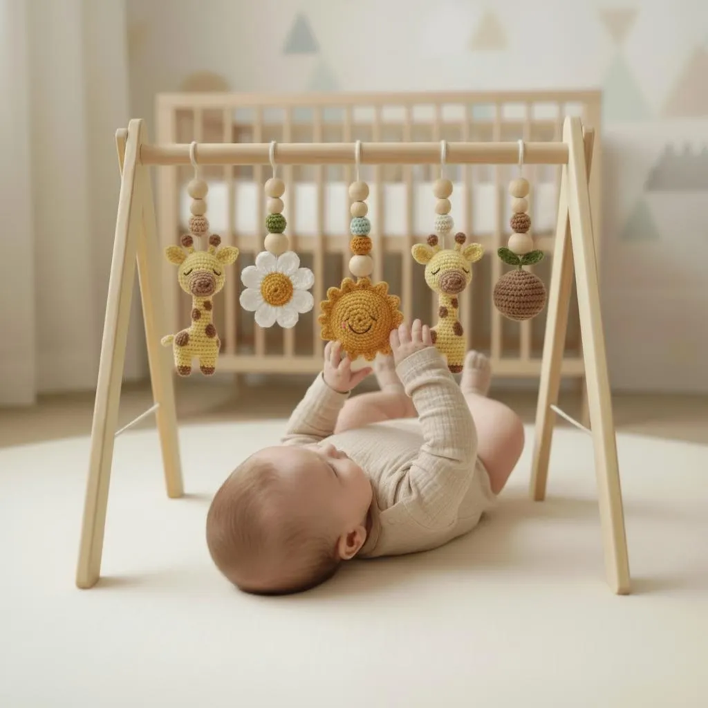 Handmade Crochet Giraffe Baby Play Gym, Custom Safari Baby Gym Hanging Toys, Montessori Wooden Baby Gym Set, Neutral Nursery Decor, Baby Shower Gift