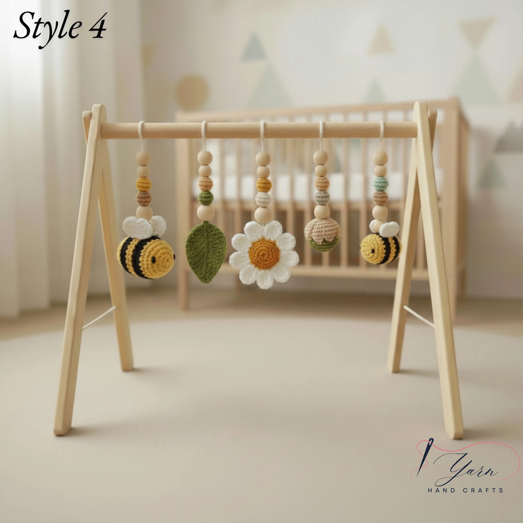 Handmade Bee Daisy Baby Play Gym Toys, Custom Crochet Baby Gym Hanging Toys, Montessori Wooden Baby Gym Set, Neutral Nursery Decor, Baby Shower Gift