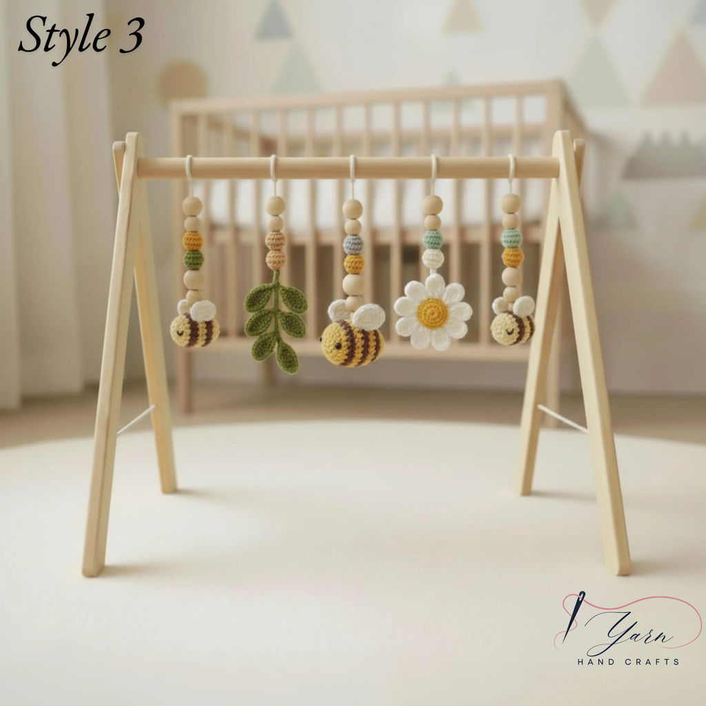 Handmade Bee Daisy Baby Play Gym Toys, Custom Crochet Baby Gym Hanging Toys, Montessori Wooden Baby Gym Set, Neutral Nursery Decor, Baby Shower Gift