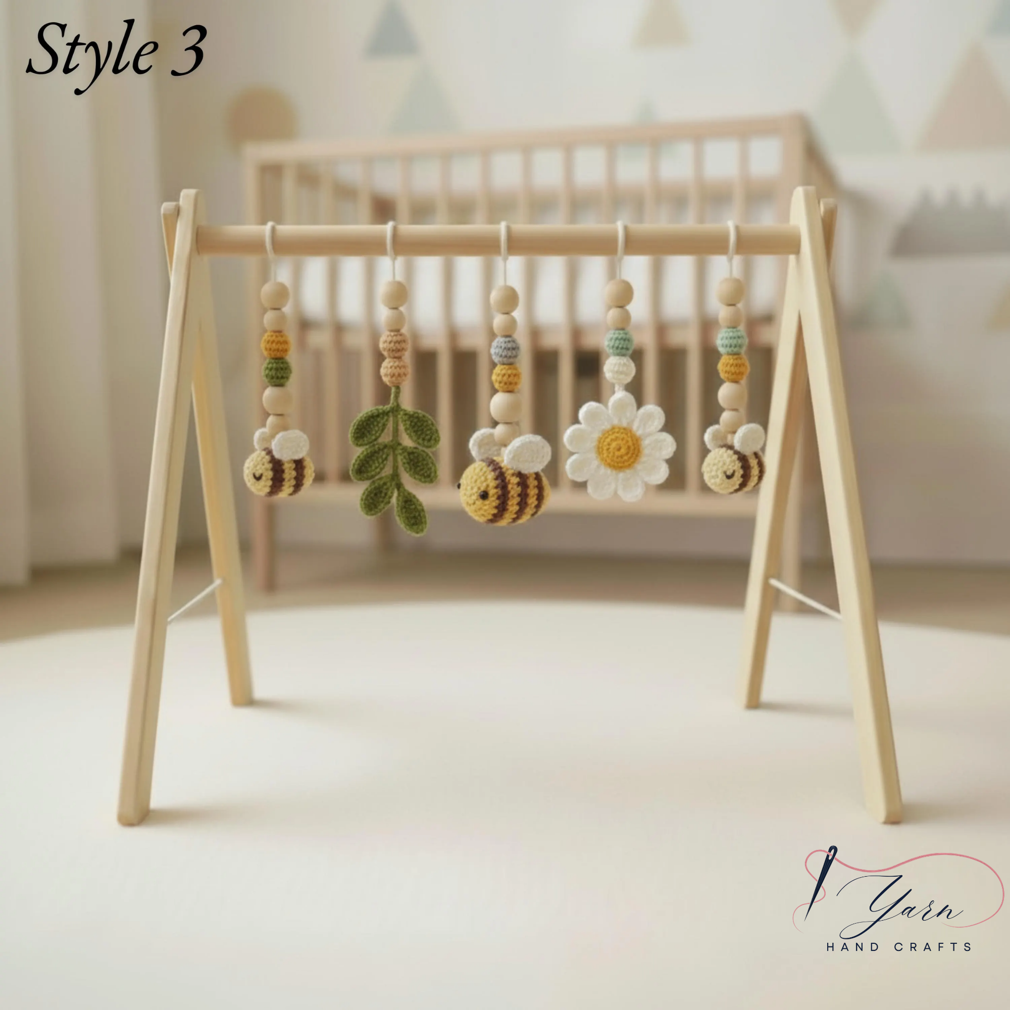 Handmade Bee Daisy Baby Play Gym Toys, Custom Crochet Baby Gym Hanging Toys, Montessori Wooden Baby Gym Set, Neutral Nursery Decor, Baby Shower Gift