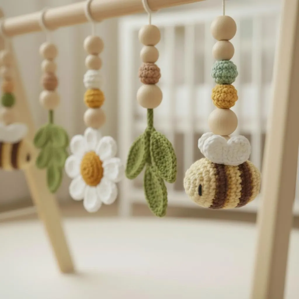 Handmade Bee Daisy Baby Play Gym Toys, Custom Crochet Baby Gym Hanging Toys, Montessori Wooden Baby Gym Set, Neutral Nursery Decor, Baby Shower Gift