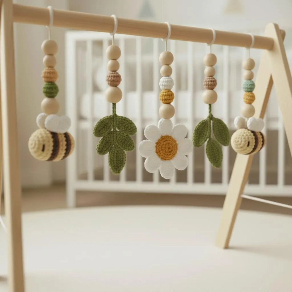 Daisy bee crochet baby gym toys with bees leaves and flower