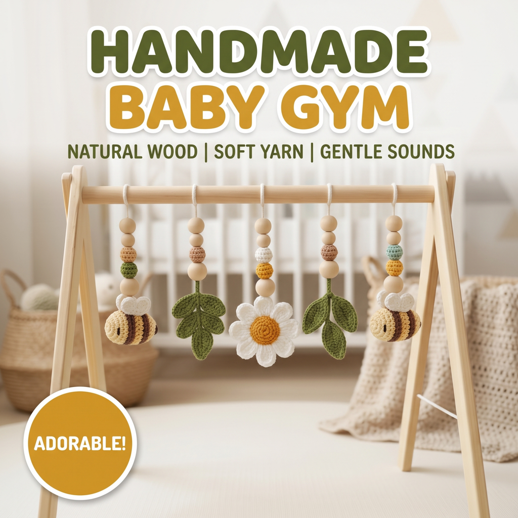 Handmade Bee Daisy Baby Play Gym Toys, Custom Crochet Baby Gym Hanging Toys, Montessori Wooden Baby Gym Set, Neutral Nursery Decor, Baby Shower Gift