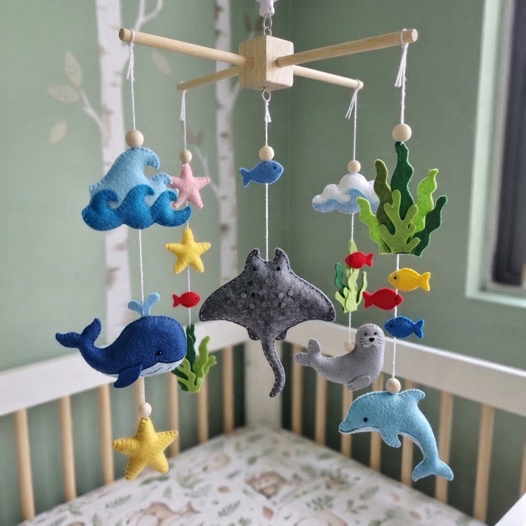 Underwater Adventure Felt Baby Mobile, Handmade Sea Life Crib Hanging with Whale, Manta Ray and Dolphin