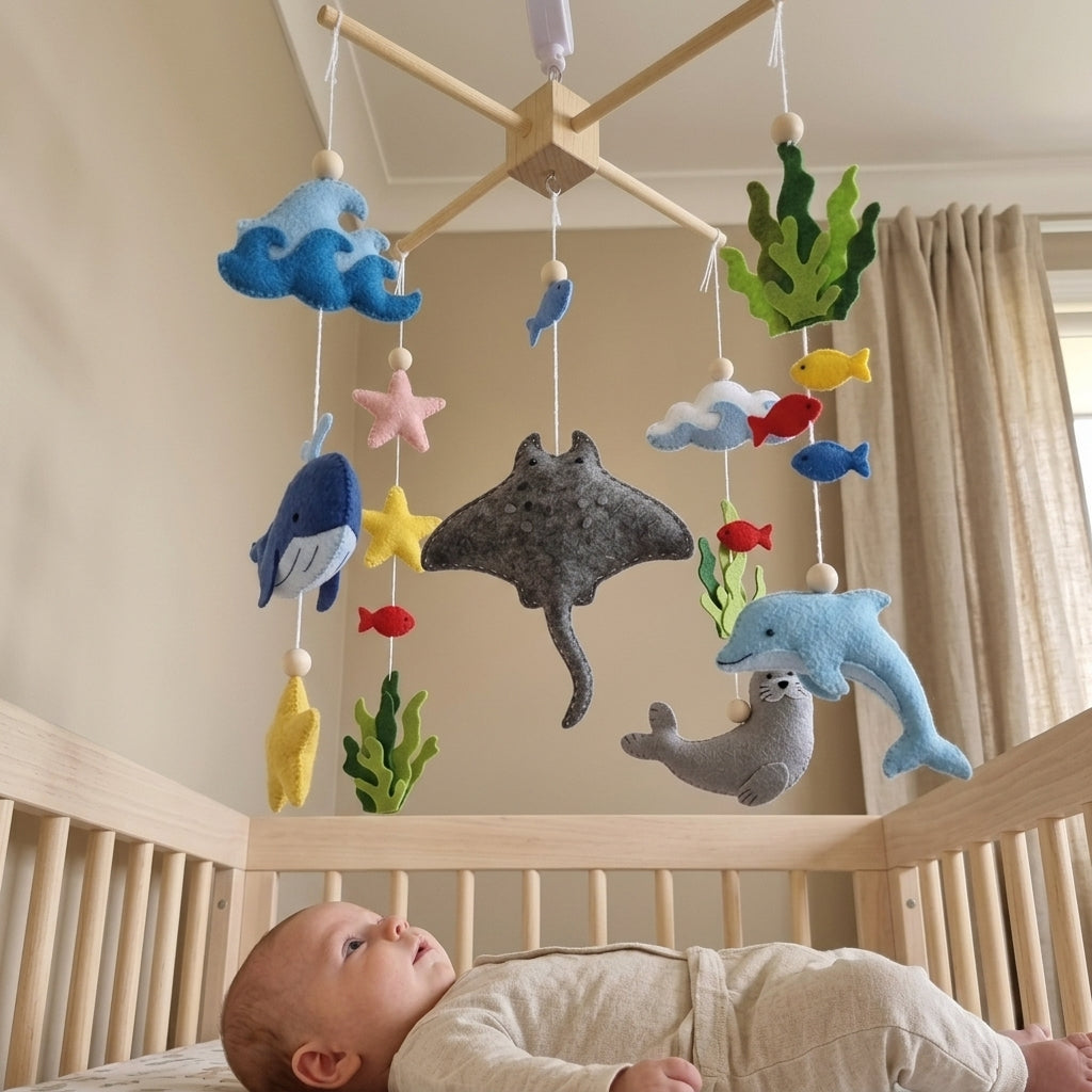 Underwater Adventure Felt Baby Mobile, Handmade Sea Life Crib Hanging with Whale, Manta Ray and Dolphin