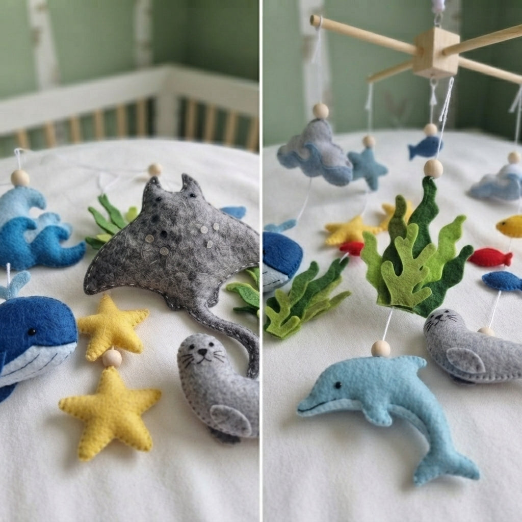Underwater Adventure Felt Baby Mobile, Handmade Sea Life Crib Hanging with Whale, Manta Ray and Dolphin