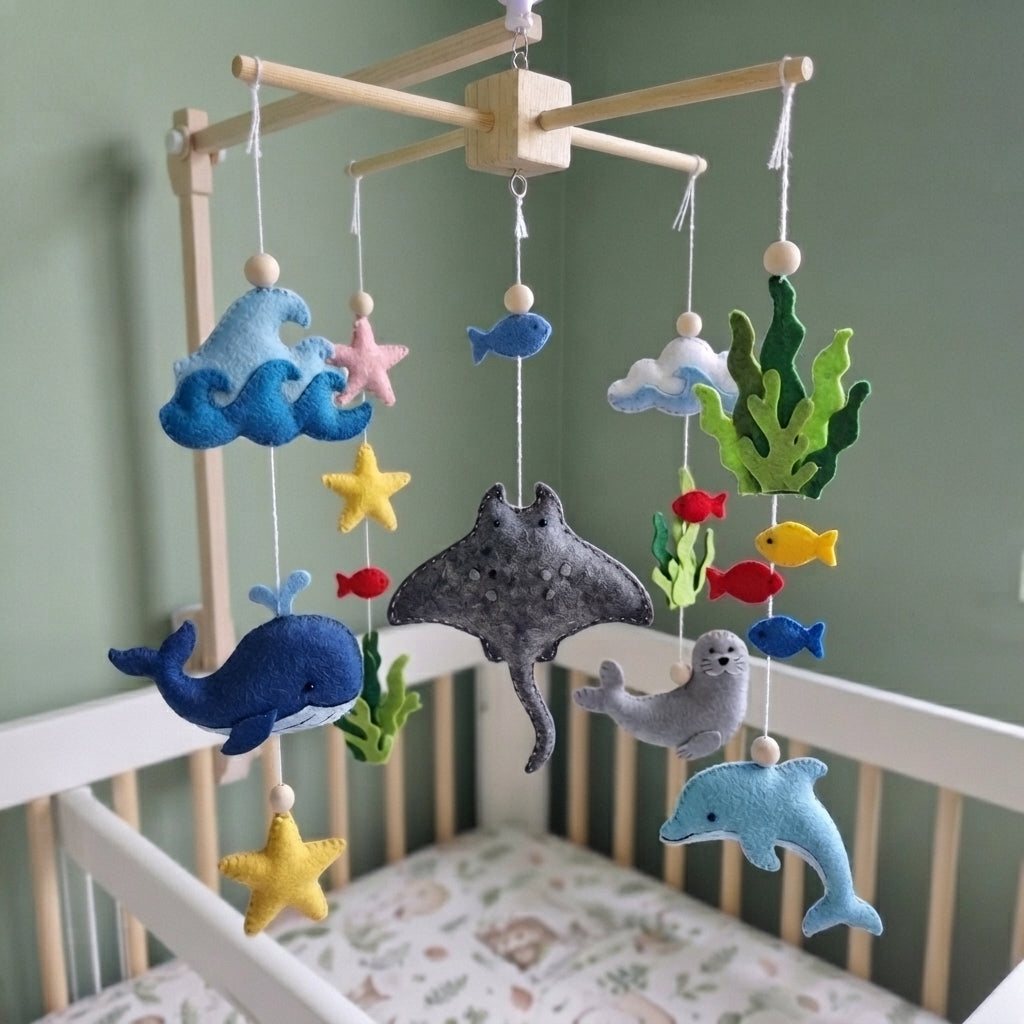 Underwater Adventure Felt Baby Mobile, Handmade Sea Life Crib Hanging with Whale, Manta Ray and Dolphin
