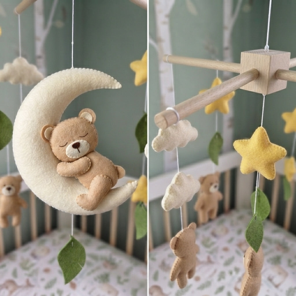 Goodnight Teddy Felt Baby Mobile, Handmade Crescent Moon Crib Hanging with Stars, Clouds and Leaves, Neutral Nursery Gift