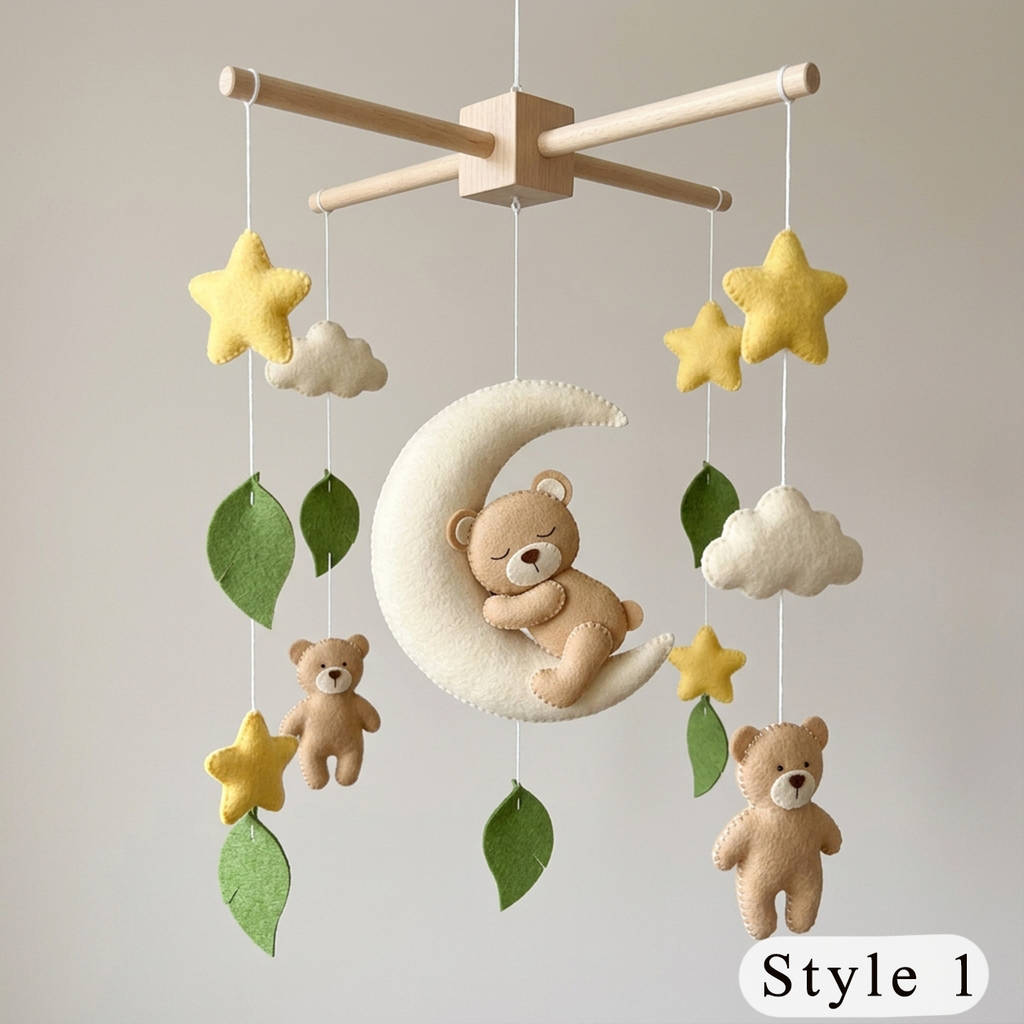 Goodnight Teddy Felt Baby Mobile, Handmade Crescent Moon Crib Hanging with Stars, Clouds and Leaves, Neutral Nursery Gift