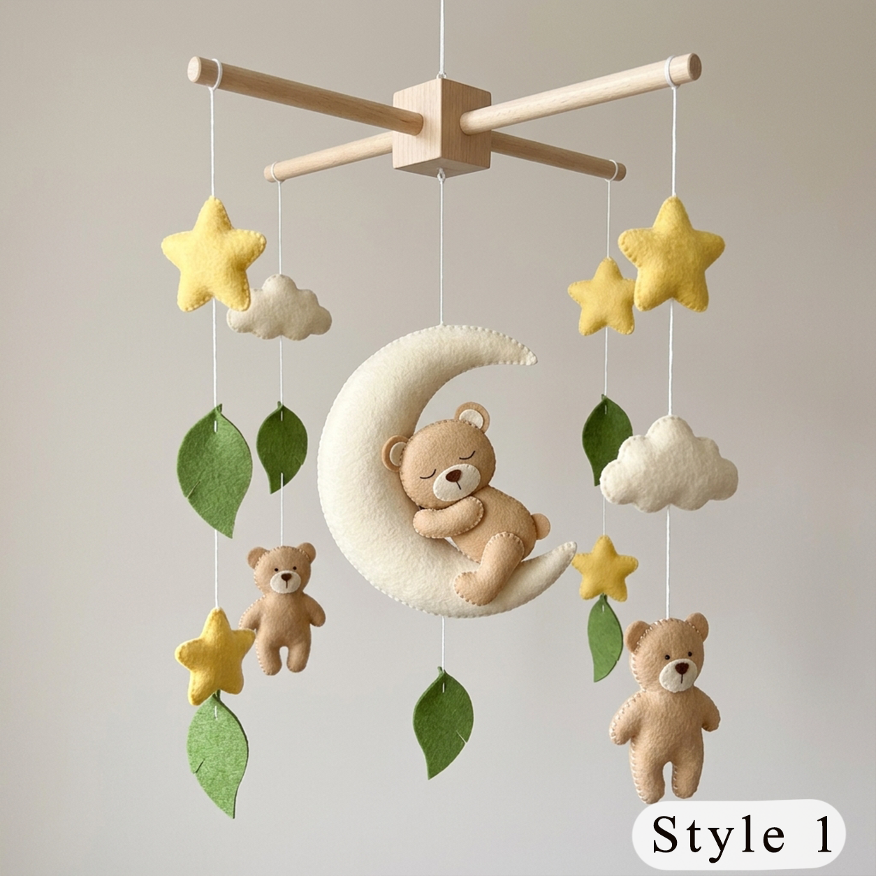 Goodnight Teddy Felt Baby Mobile, Handmade Crescent Moon Crib Hanging with Stars, Clouds and Leaves, Neutral Nursery Gift