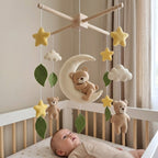 Goodnight Teddy Felt Baby Mobile, Handmade Crescent Moon Crib Hanging with Stars, Clouds and Leaves, Neutral Nursery Gift