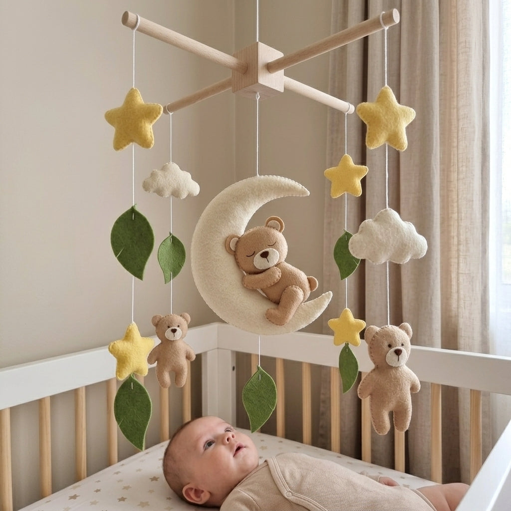 Goodnight Teddy Felt Baby Mobile, Handmade Crescent Moon Crib Hanging with Stars, Clouds and Leaves, Neutral Nursery Gift