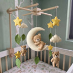 Goodnight Teddy Felt Baby Mobile, Handmade Crescent Moon Crib Hanging with Stars, Clouds and Leaves, Neutral Nursery Gift