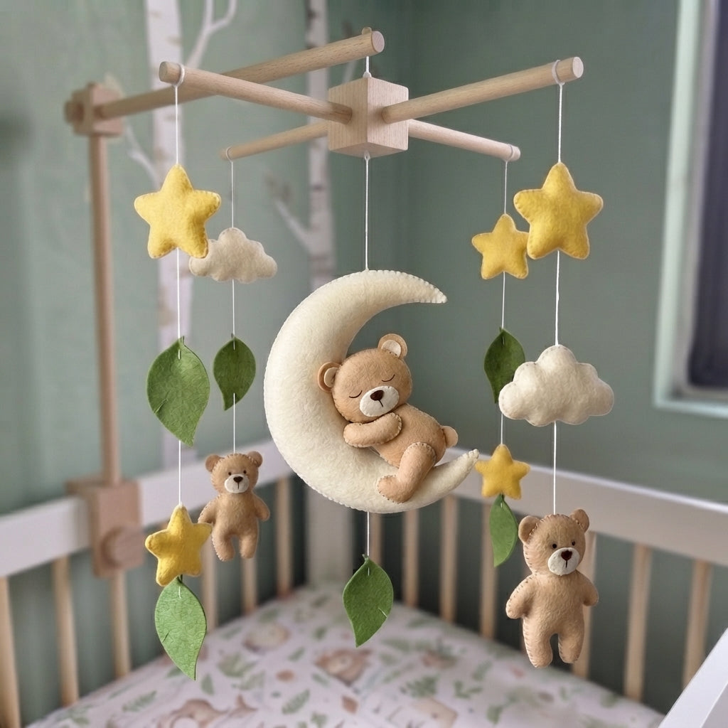 Goodnight Teddy Felt Baby Mobile, Handmade Crescent Moon Crib Hanging with Stars, Clouds and Leaves, Neutral Nursery Gift