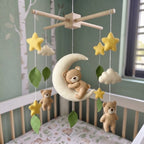 Goodnight Teddy Felt Baby Mobile, Handmade Crescent Moon Crib Hanging with Stars, Clouds and Leaves, Neutral Nursery Gift