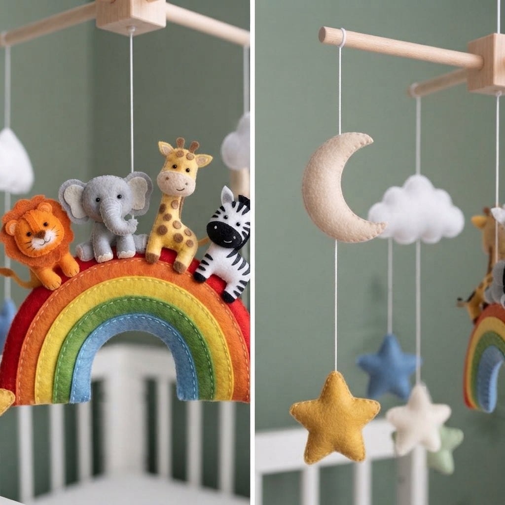 Rainbow Safari Felt Nursery Mobile, Handmade Crib Hanging Decor with Stars and Clouds, Colorful Baby Shower Gift