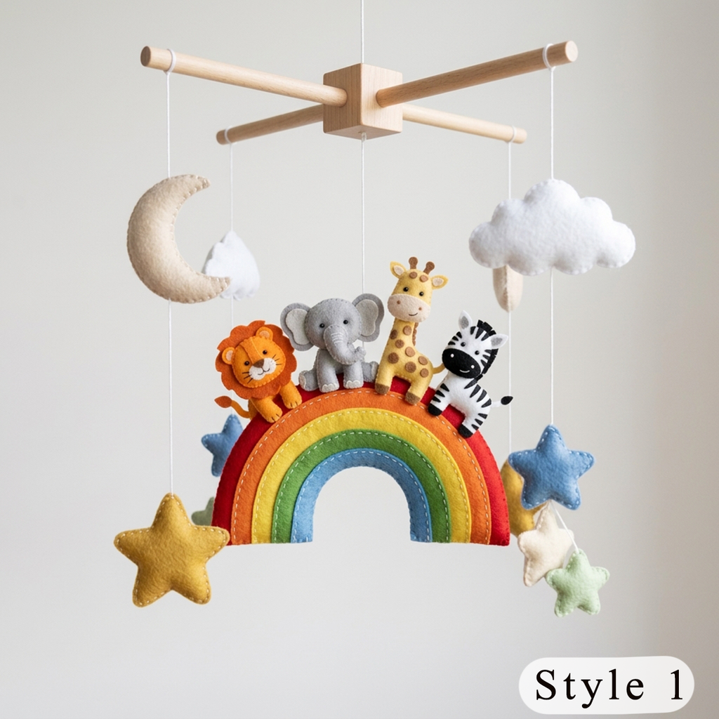Rainbow Safari Felt Nursery Mobile, Handmade Crib Hanging Decor with Stars and Clouds, Colorful Baby Shower Gift