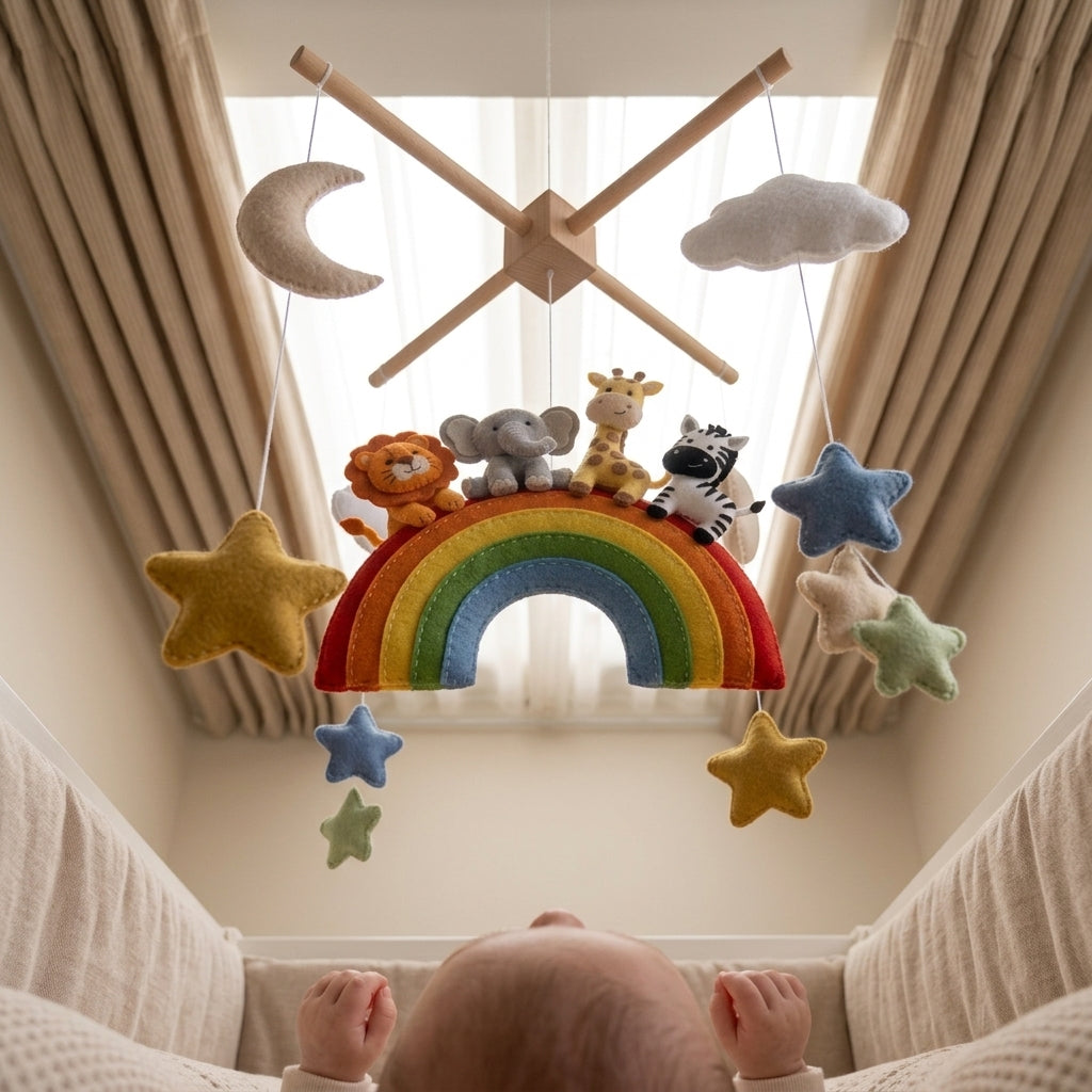 Rainbow Safari Felt Nursery Mobile, Handmade Crib Hanging Decor with Stars and Clouds, Colorful Baby Shower Gift