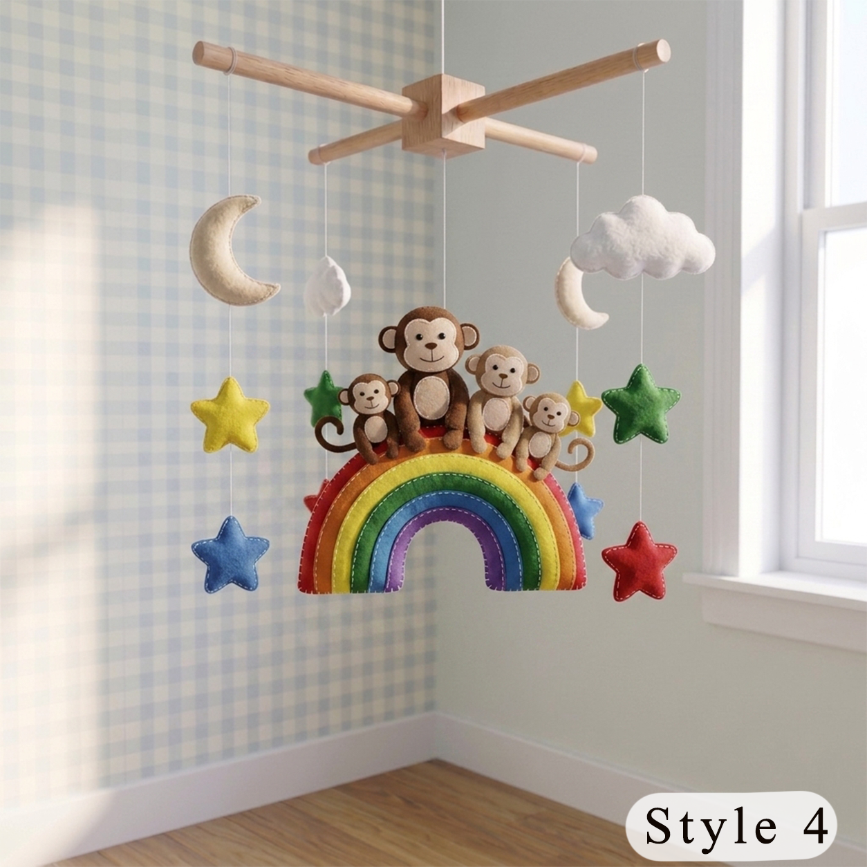 Rainbow Safari Felt Nursery Mobile, Handmade Crib Hanging Decor with Stars and Clouds, Colorful Baby Shower Gift