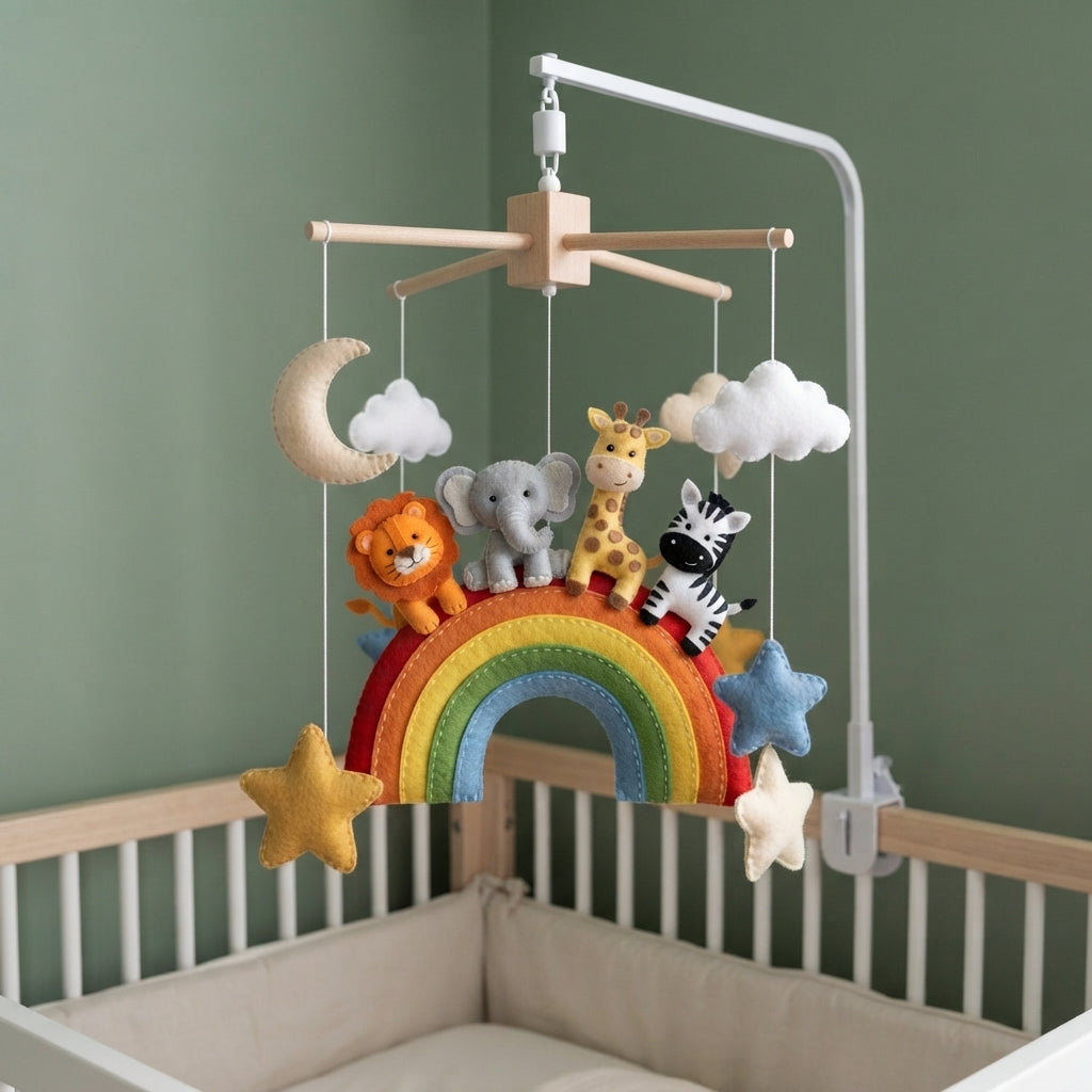 Rainbow Safari Felt Nursery Mobile, Handmade Crib Hanging Decor with Stars and Clouds, Colorful Baby Shower Gift