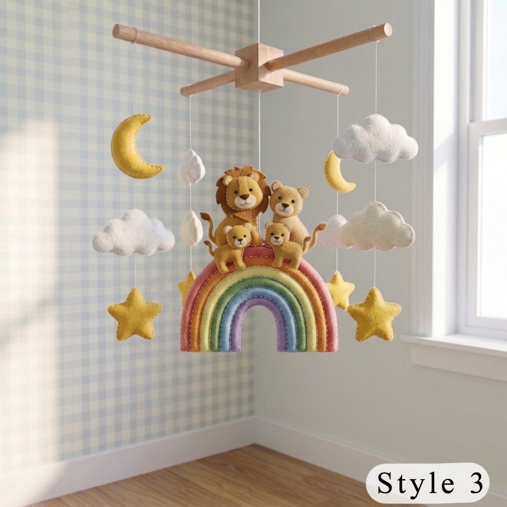Rainbow Safari Felt Nursery Mobile, Handmade Crib Hanging Decor with Stars and Clouds, Colorful Baby Shower Gift