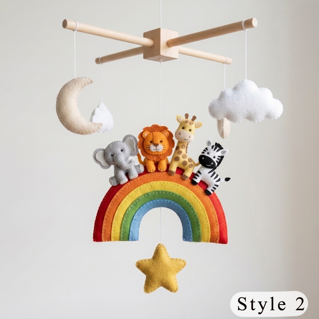 Rainbow Safari Felt Nursery Mobile, Handmade Crib Hanging Decor with Stars and Clouds, Colorful Baby Shower Gift