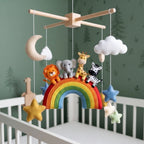 Rainbow Safari Felt Nursery Mobile, Handmade Crib Hanging Decor with Stars and Clouds, Colorful Baby Shower Gift