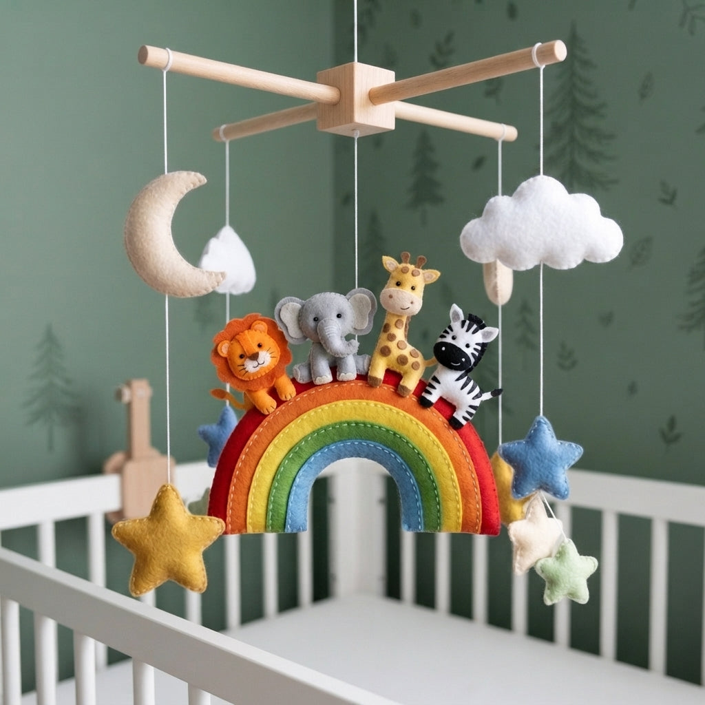 Rainbow Safari Felt Nursery Mobile, Handmade Crib Hanging Decor with Stars and Clouds, Colorful Baby Shower Gift