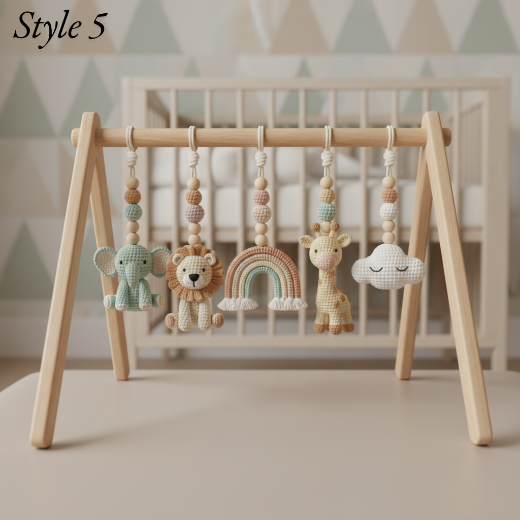 Rainbow Safari Baby Gym, Personalized Wooden Play Gym, Crochet Jungle Animals & Rainbow, Montessori Activity Gym, Gender Neutral Nursery