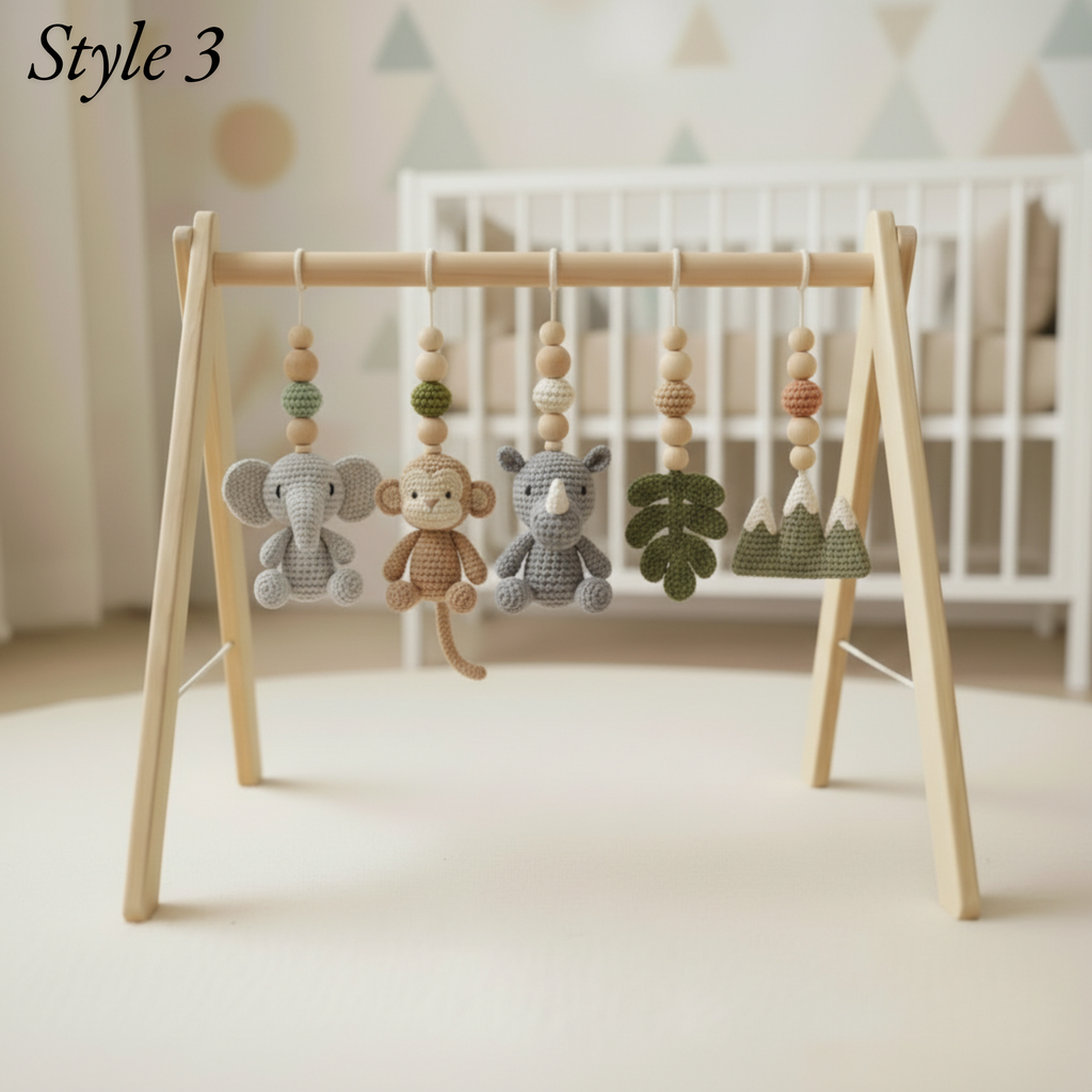 Custom Safari Baby Play Gym with Name | Handmade Wooden Montessori Baby Gym | Crochet Lion Elephant Giraffe Toys | Personalized Boho Nursery Gift
