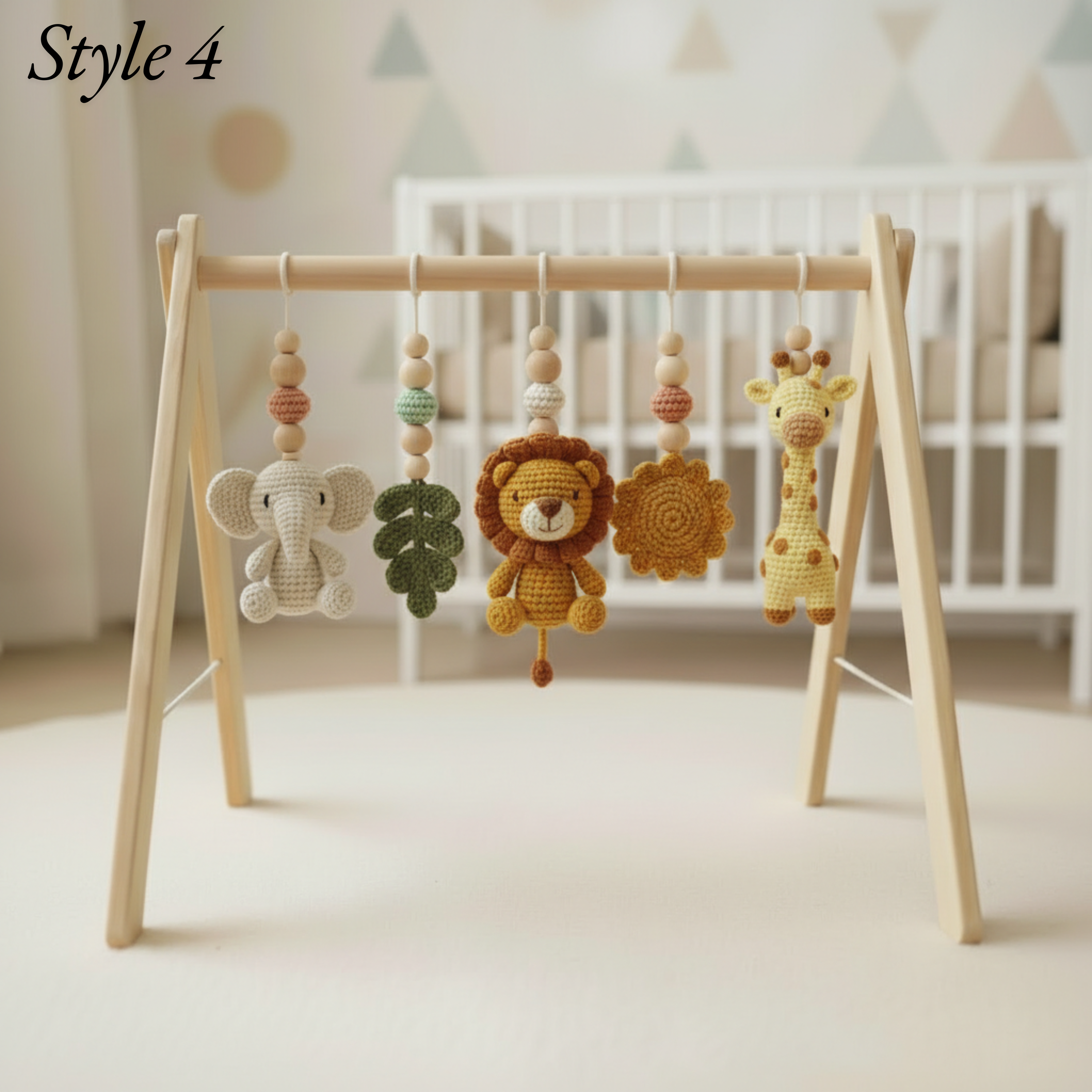 Custom Safari Baby Play Gym with Name | Handmade Wooden Montessori Baby Gym | Crochet Lion Elephant Giraffe Toys | Personalized Boho Nursery Gift