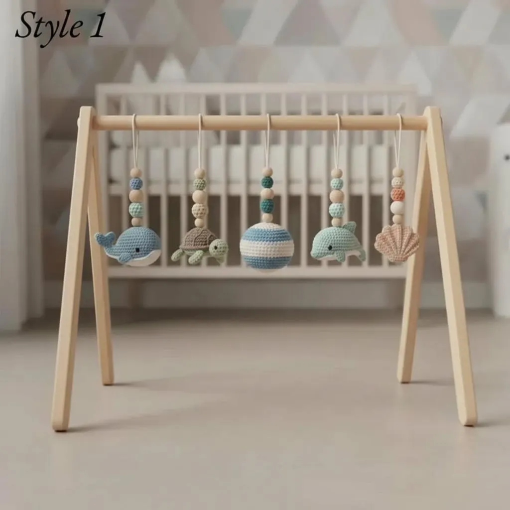 Handmade Custom Ocean Baby Gym | Personalized Wooden Play Gym with Crochet Sea Theme Toys | Neutral Montessori Nursery Decor
