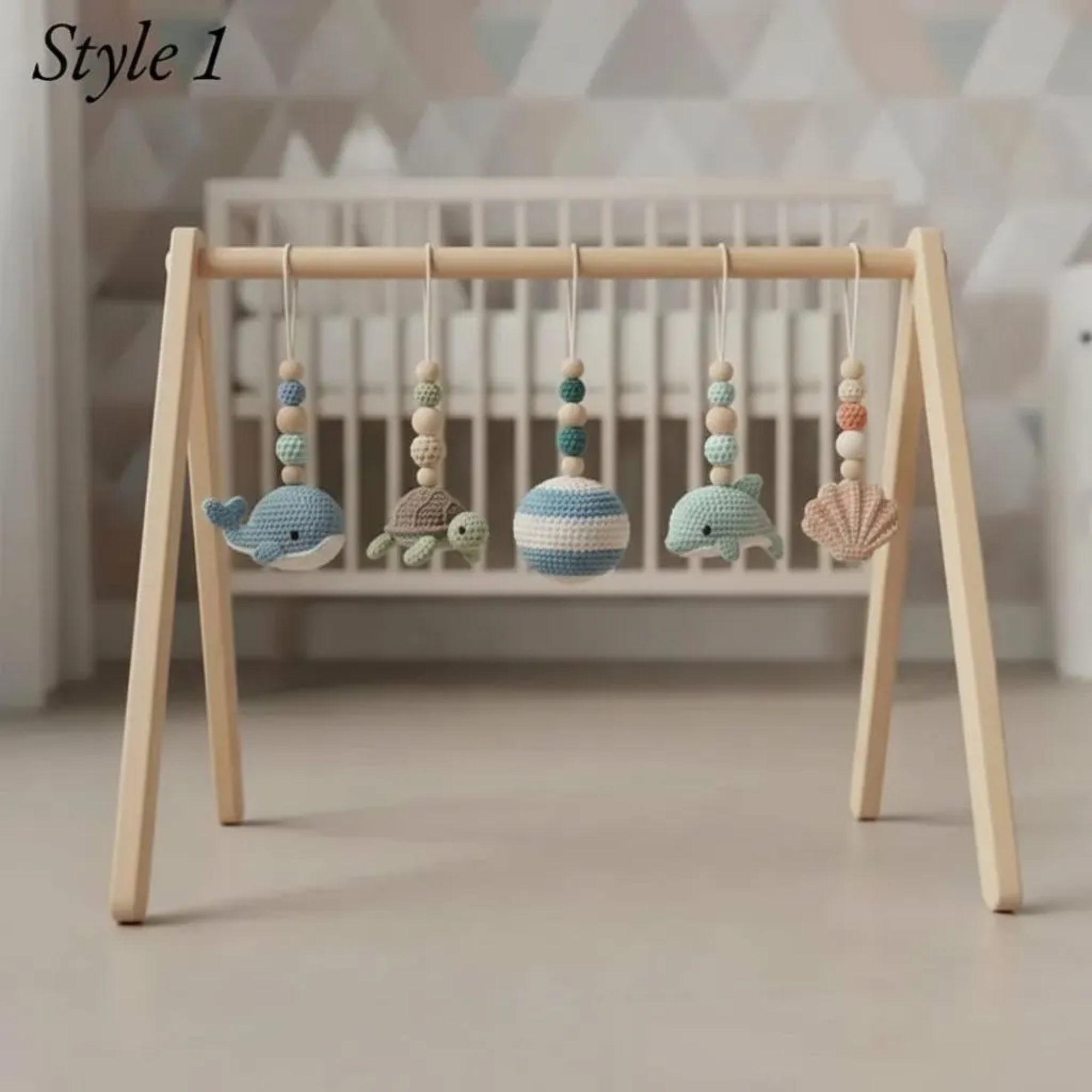 Handmade Custom Ocean Baby Gym | Personalized Wooden Play Gym with Crochet Sea Theme Toys | Neutral Montessori Nursery Decor