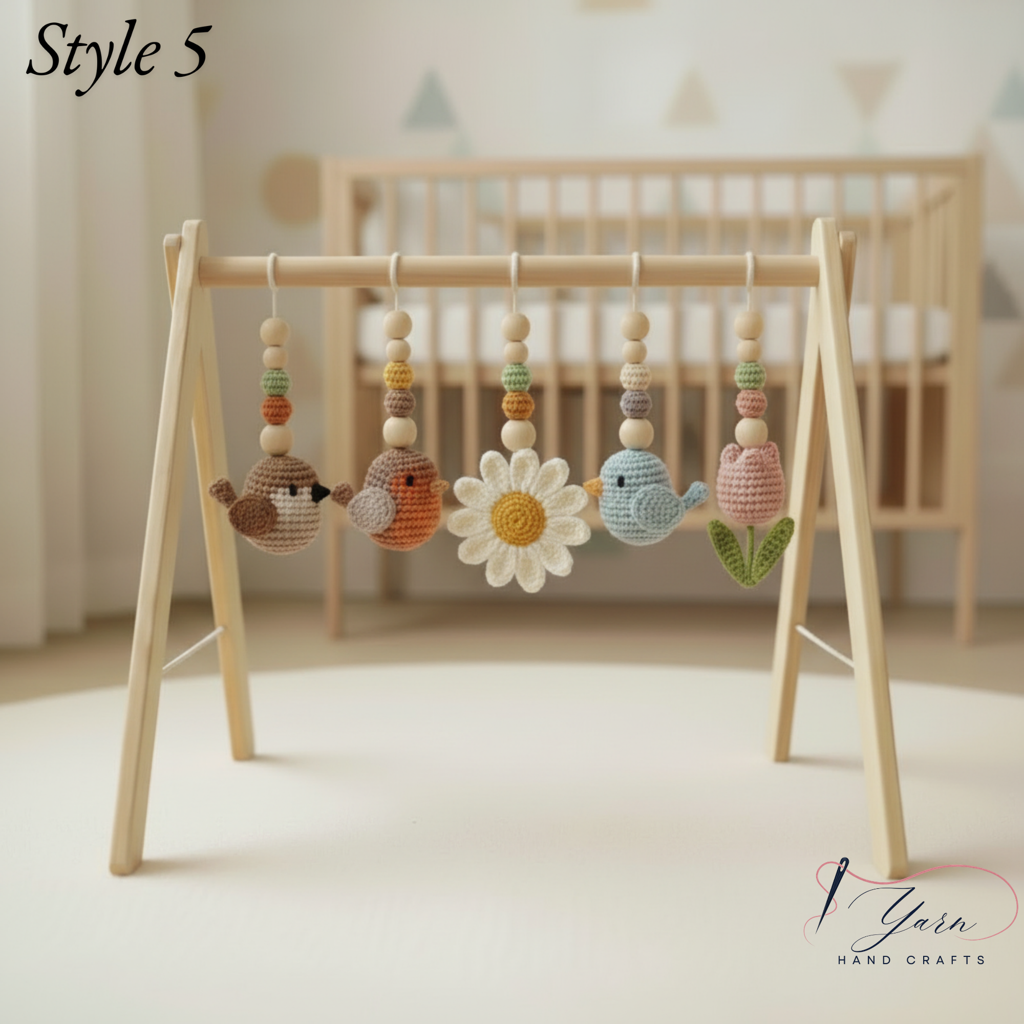 Bird Baby Gym, Wooden Play Gym with Crochet Birds, Bee & Flower, Montessori Garden Activity Gym, Spring Nursery Decor, Baby Shower Gift