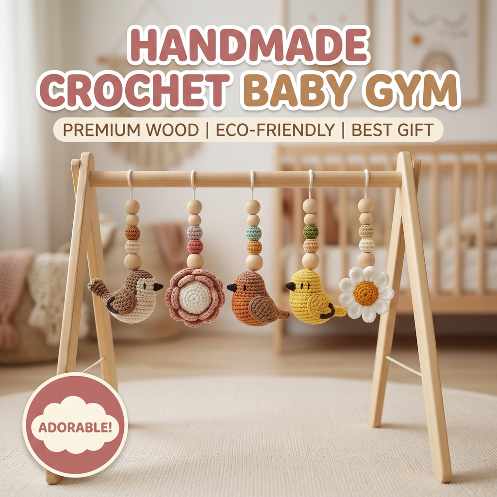 Bird Baby Gym, Wooden Play Gym with Crochet Birds, Bee & Flower, Montessori Garden Activity Gym, Spring Nursery Decor, Baby Shower Gift