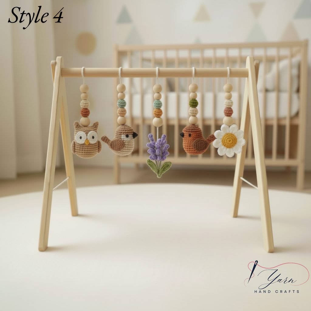 Bird Baby Gym, Wooden Play Gym with Crochet Birds, Bee & Flower, Montessori Garden Activity Gym, Spring Nursery Decor, Baby Shower Gift