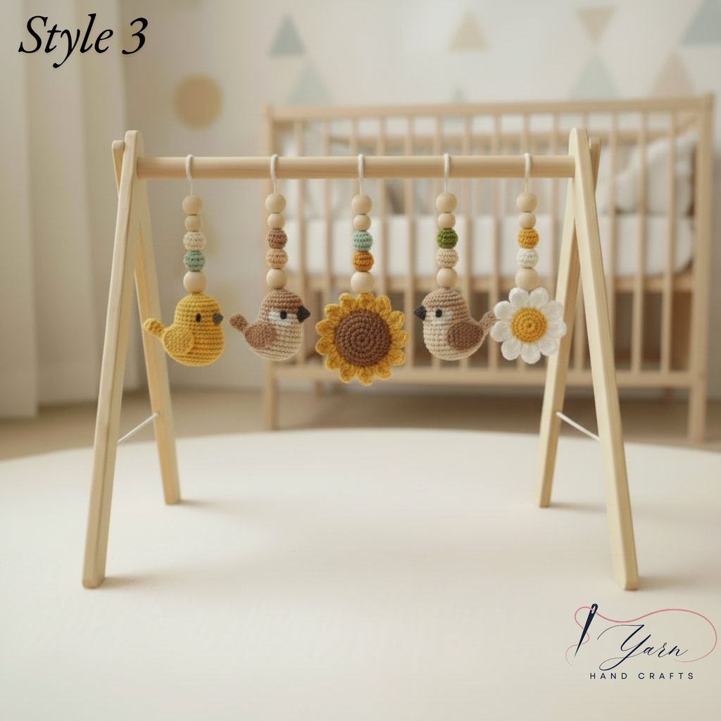 Bird Baby Gym, Wooden Play Gym with Crochet Birds, Bee & Flower, Montessori Garden Activity Gym, Spring Nursery Decor, Baby Shower Gift