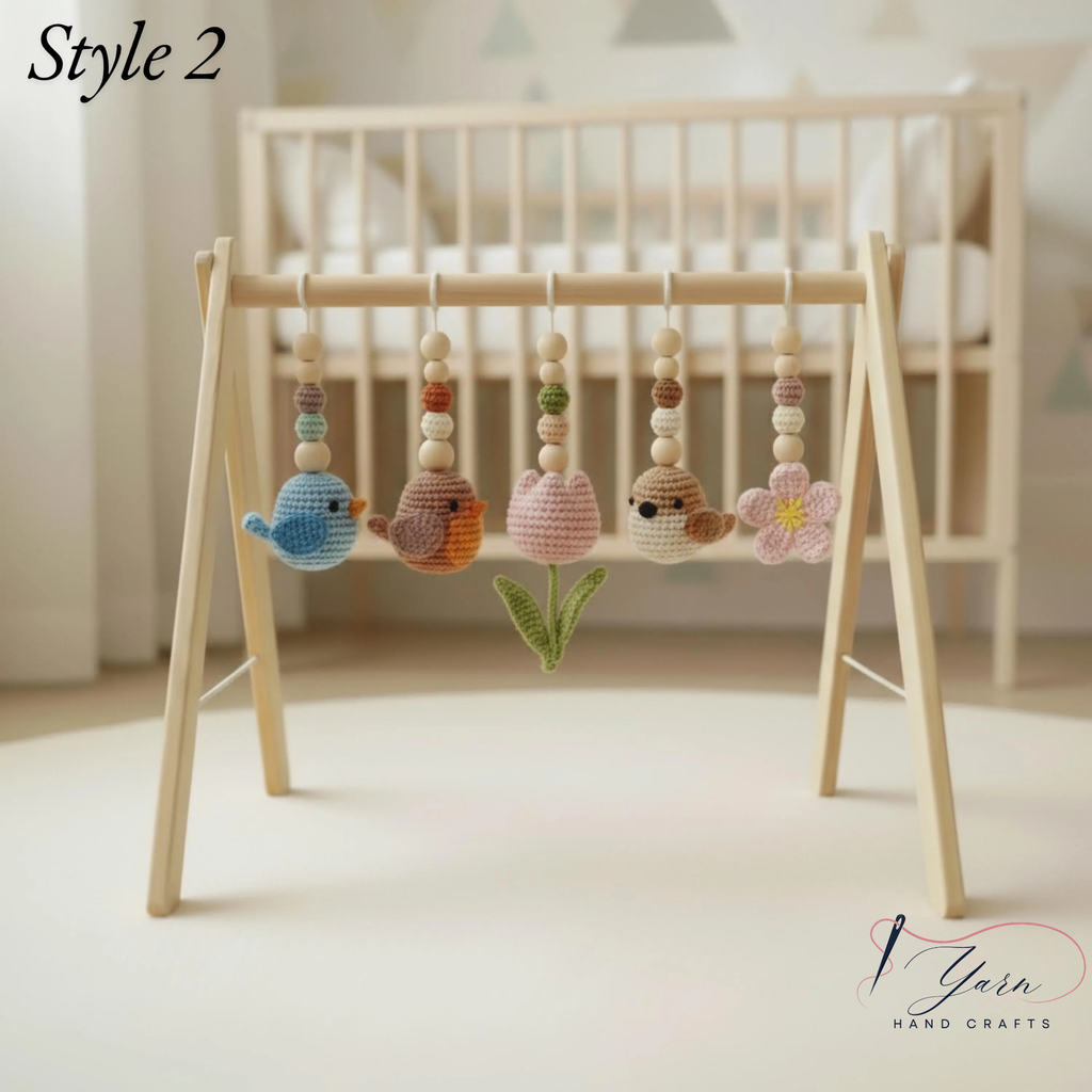 Bird Baby Gym, Wooden Play Gym with Crochet Birds, Bee & Flower, Montessori Garden Activity Gym, Spring Nursery Decor, Baby Shower Gift