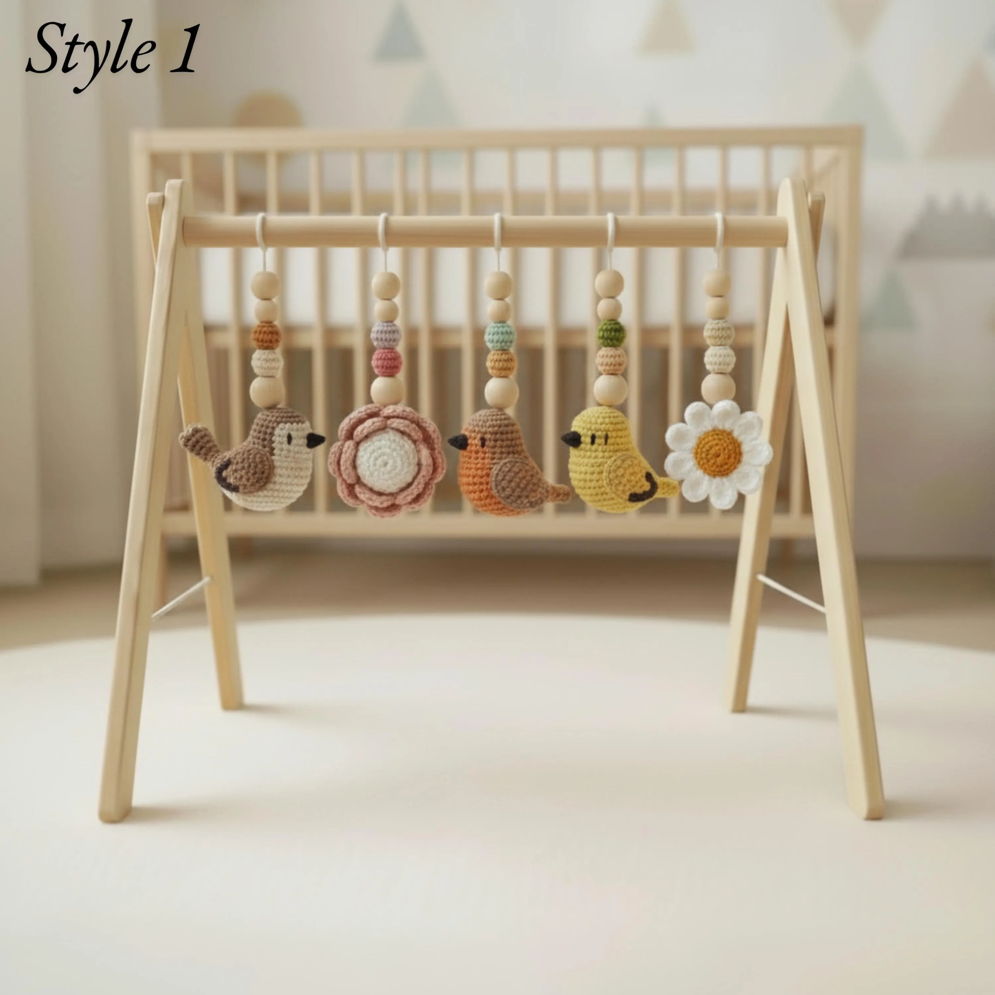 Bird Baby Gym, Wooden Play Gym with Crochet Birds, Bee & Flower, Montessori Garden Activity Gym, Spring Nursery Decor, Baby Shower Gift