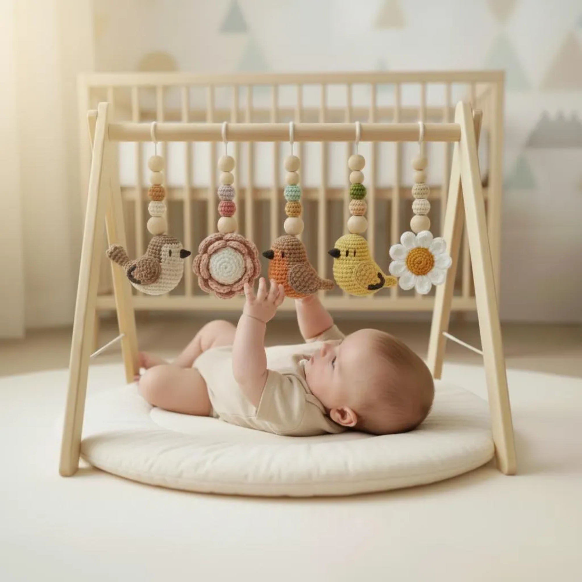 Bird Baby Gym, Wooden Play Gym with Crochet Birds, Bee & Flower, Montessori Garden Activity Gym, Spring Nursery Decor, Baby Shower Gift