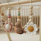 Bird Baby Gym, Wooden Play Gym with Crochet Birds, Bee & Flower, Montessori Garden Activity Gym, Spring Nursery Decor, Baby Shower Gift