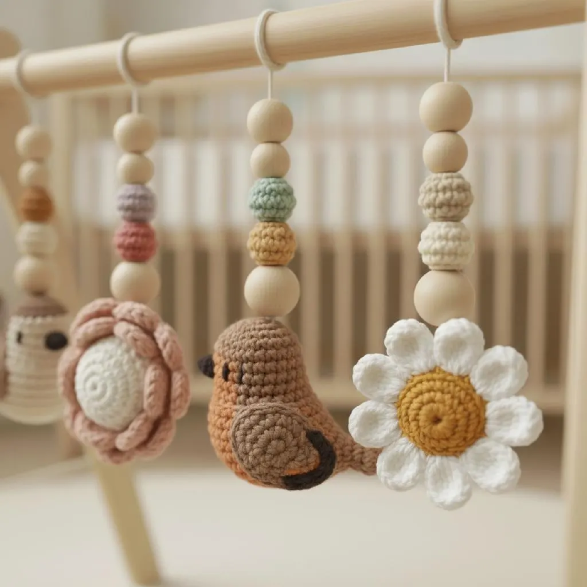 Bird Baby Gym, Wooden Play Gym with Crochet Birds, Bee & Flower, Montessori Garden Activity Gym, Spring Nursery Decor, Baby Shower Gift