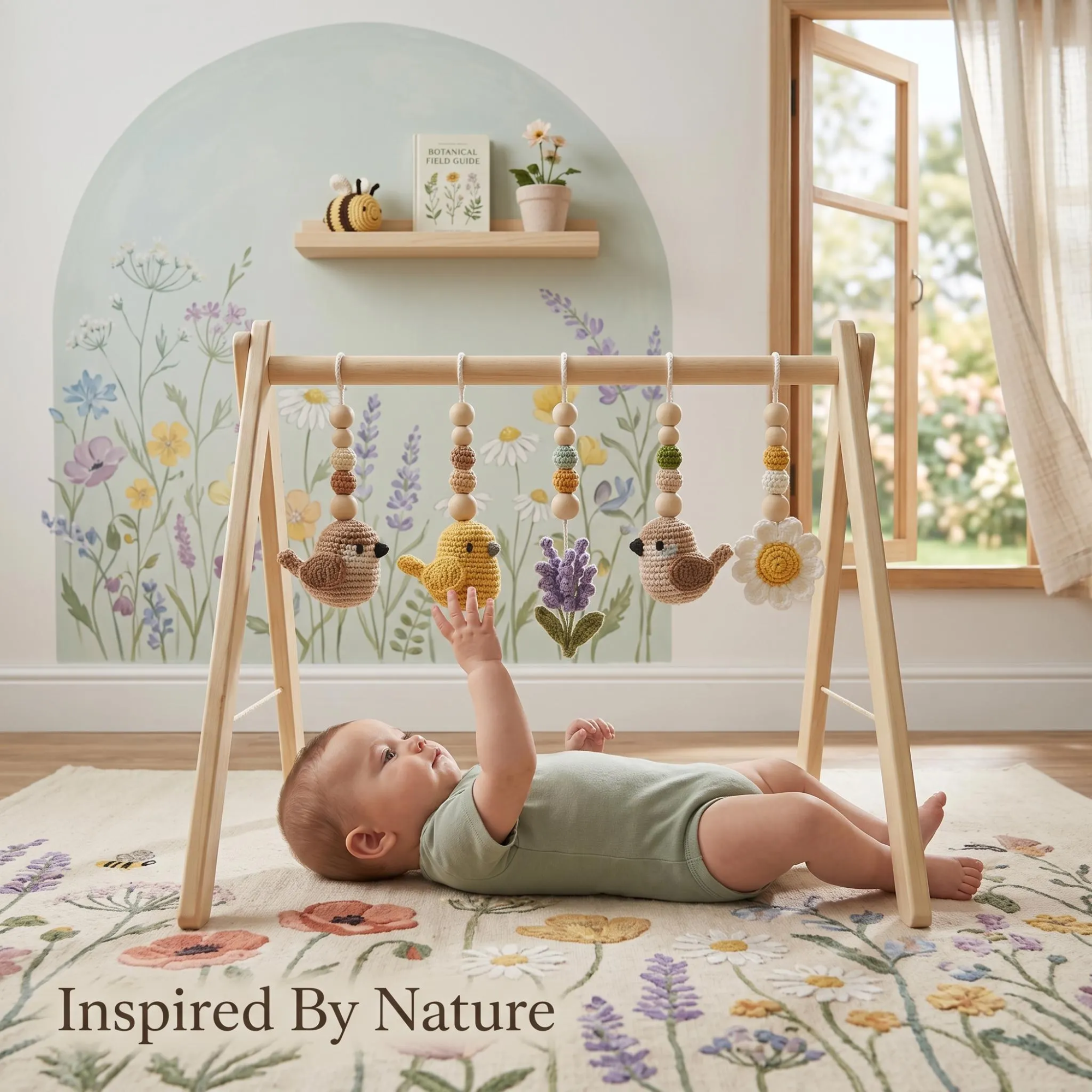 Bird Baby Gym, Wooden Play Gym with Crochet Birds, Bee & Flower, Montessori Garden Activity Gym, Spring Nursery Decor, Baby Shower Gift
