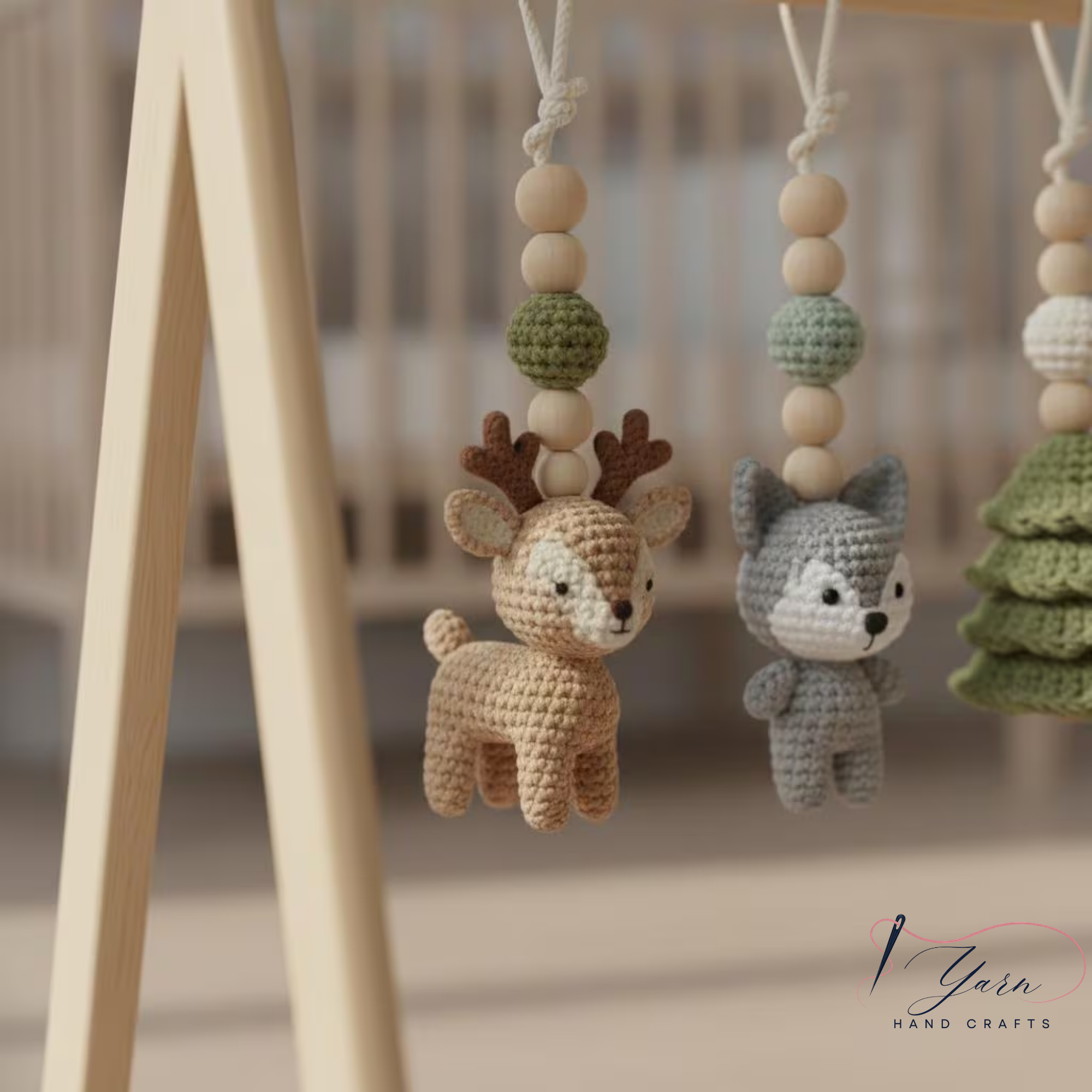 Handmade Custom Woodland Baby Gym, Personalized Wooden Play Gym with Crochet Forest Animals, Montessori Baby Activity Gym, Neutral Nursery Decor